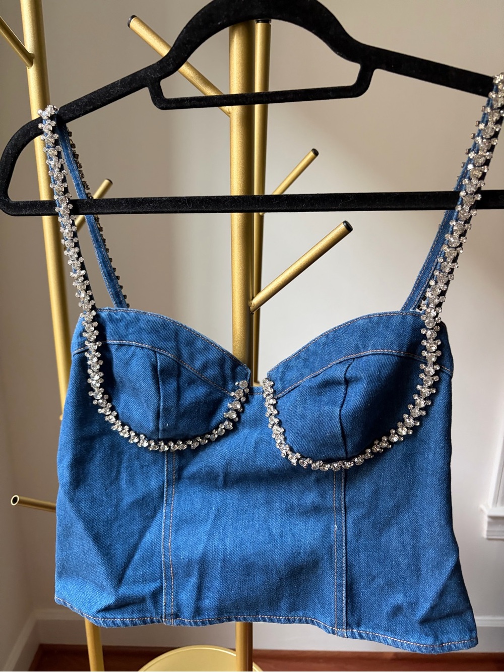 NWT superdown Blue Denim Rhinestone-Strap Bustier Top